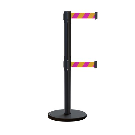 MONTOUR LINE Retractable Belt Dbl Roller Stanchion, 2.5ft Black Post  11ft. Mag/Yes ME630D-BK-MYD-110